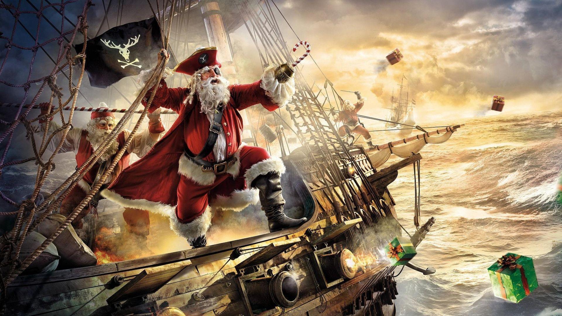 Download Wallpaper 1920x1080 santa claus, pirate, ship, gifts, sea