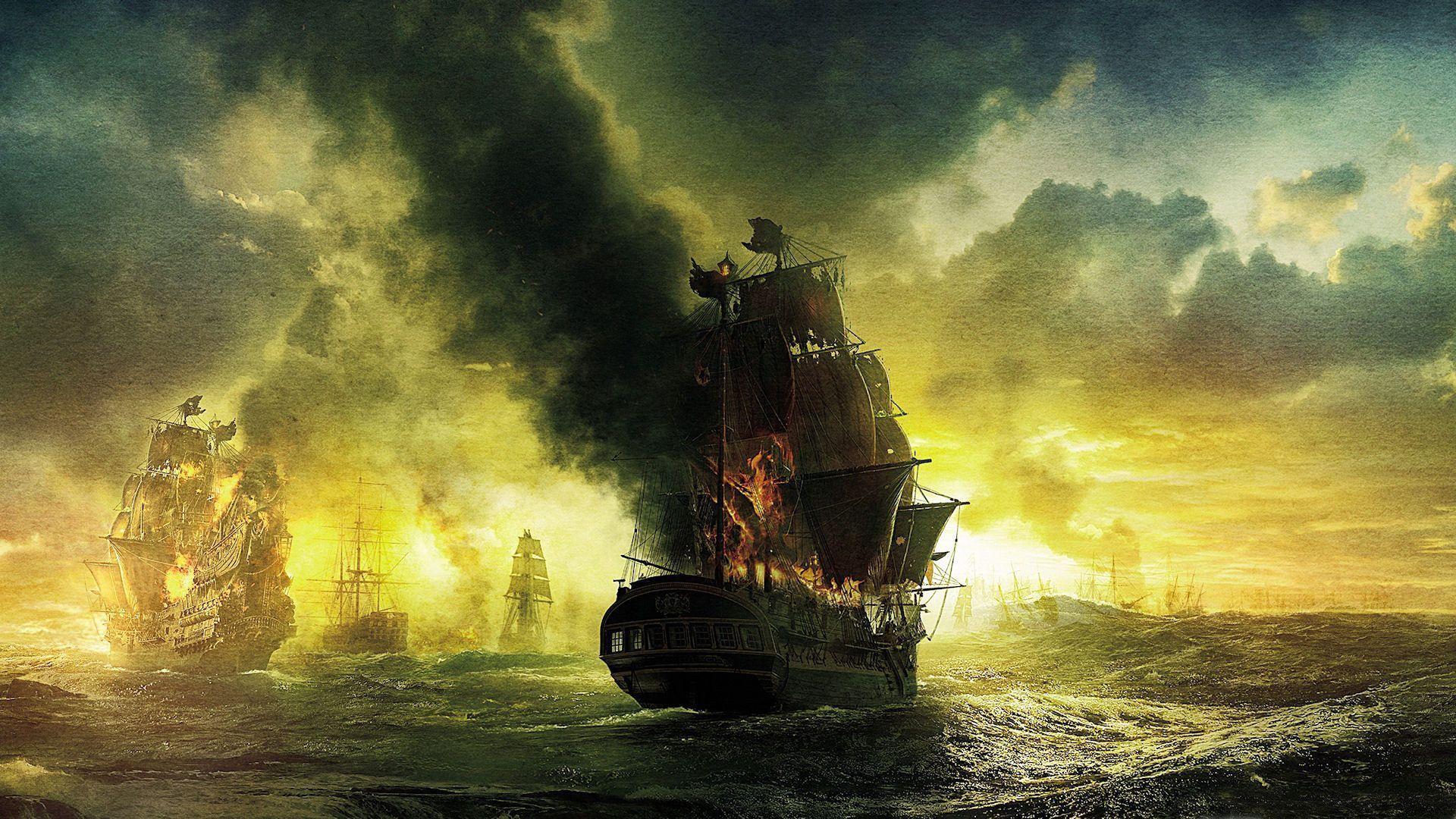 Pirates of the caribbean fantasy art ocean sea ships galleon fire