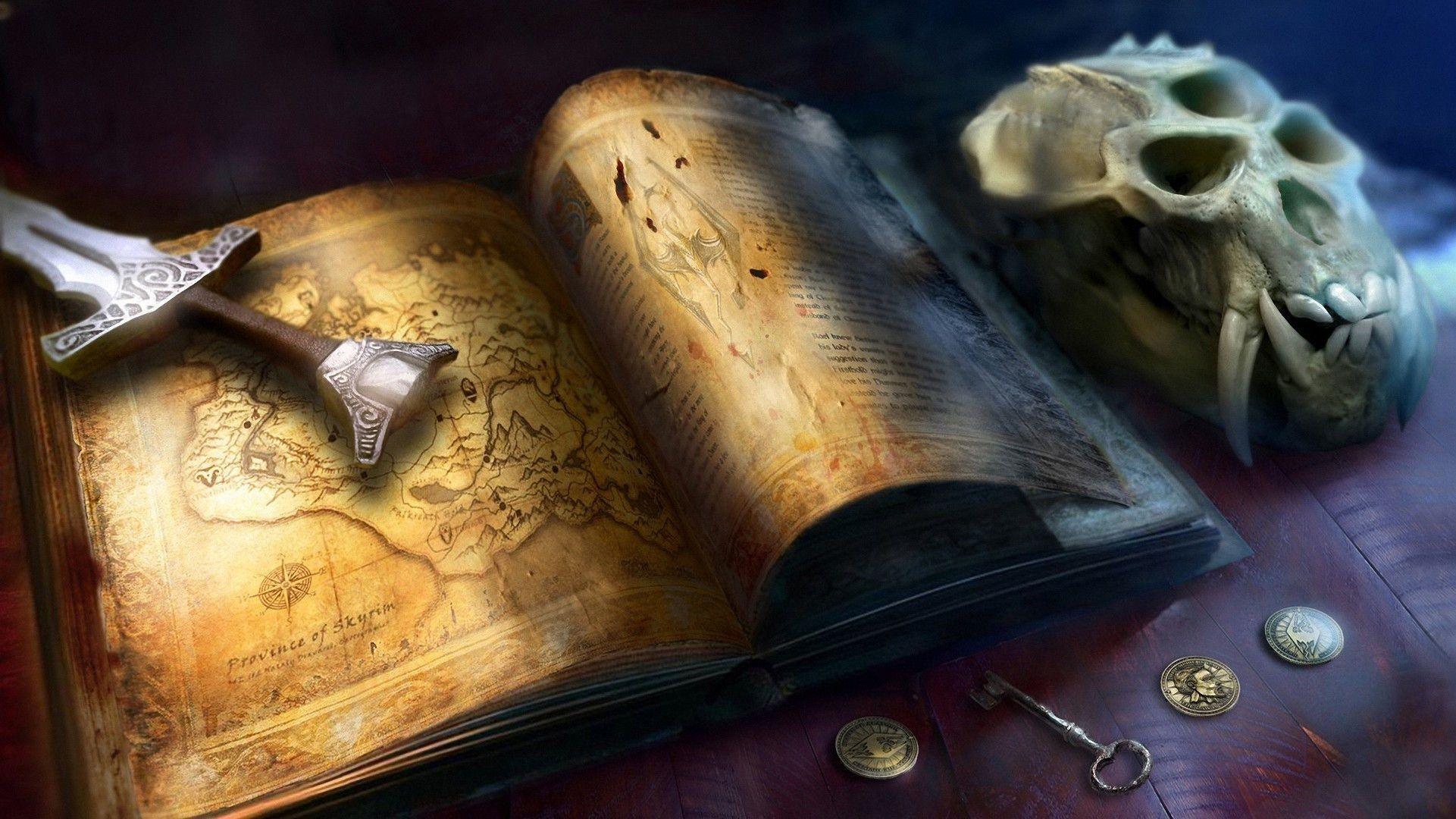 Map the elder scrolls sword skyrim skull book fantasy wallpaper