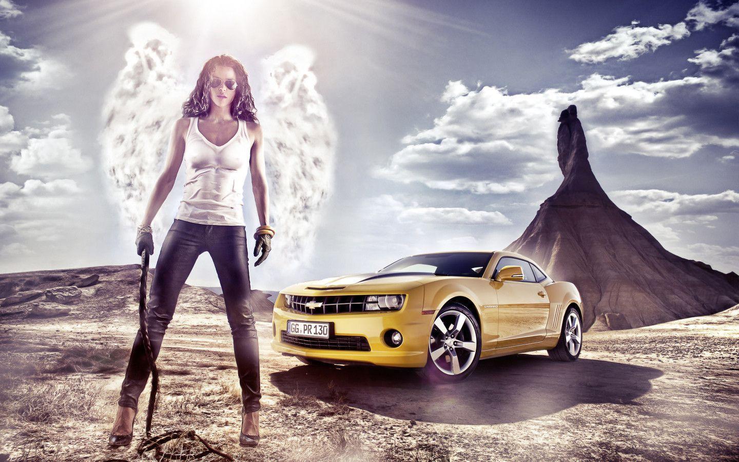 Chevy Camaro 2012 and Tough Brunette widescreen wallpaper. Wide