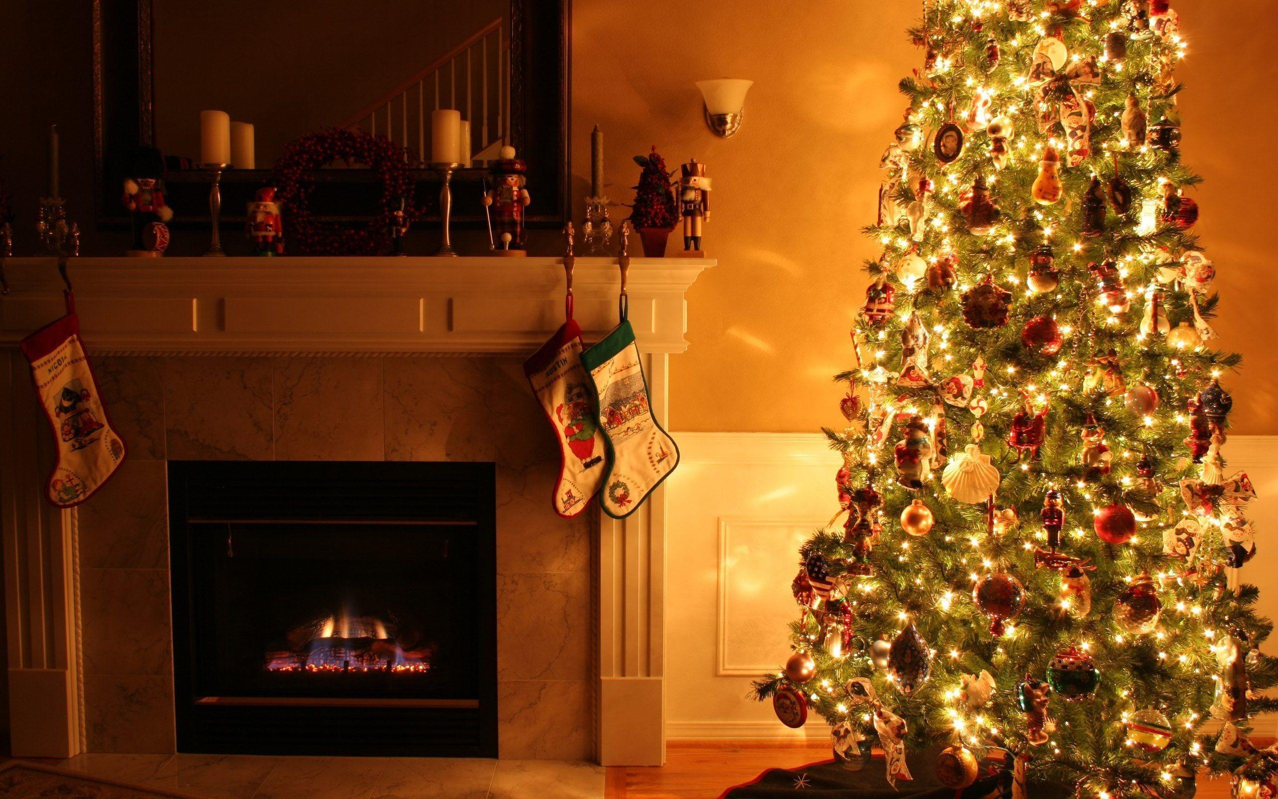 Burning Fireplace Decorated Christmas Tree HD Wallpaper. High