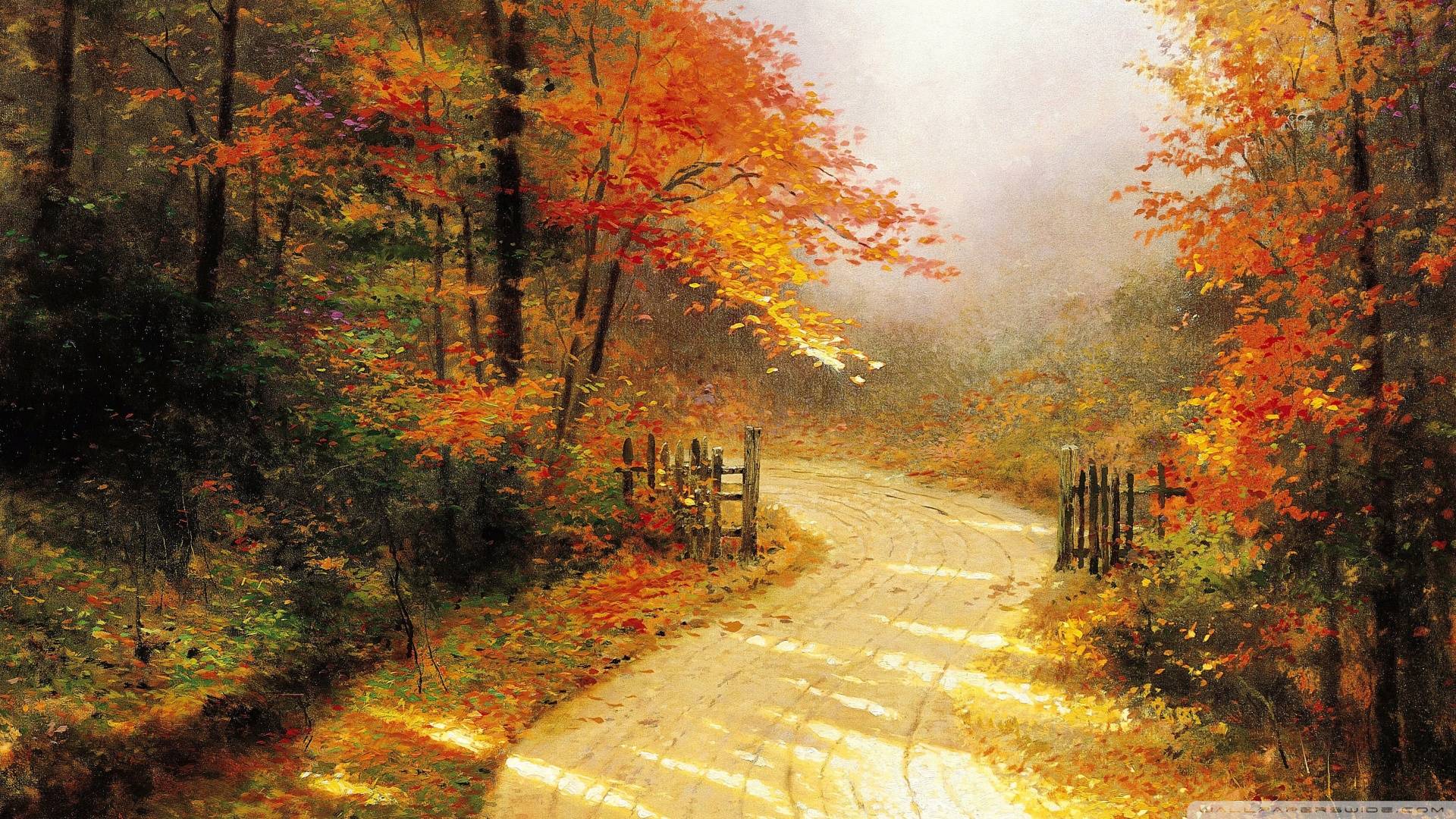 Download Autumn Lane By Thomas Kinkade Wallpaper 1920x1080