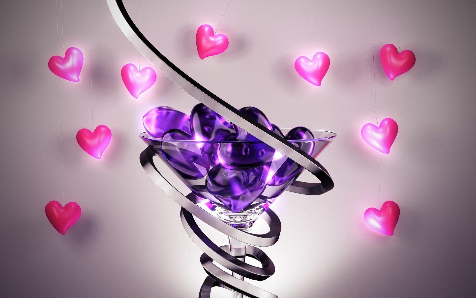 Pink and Purple Love Hearts in 3D Design Wallpaper and Photo