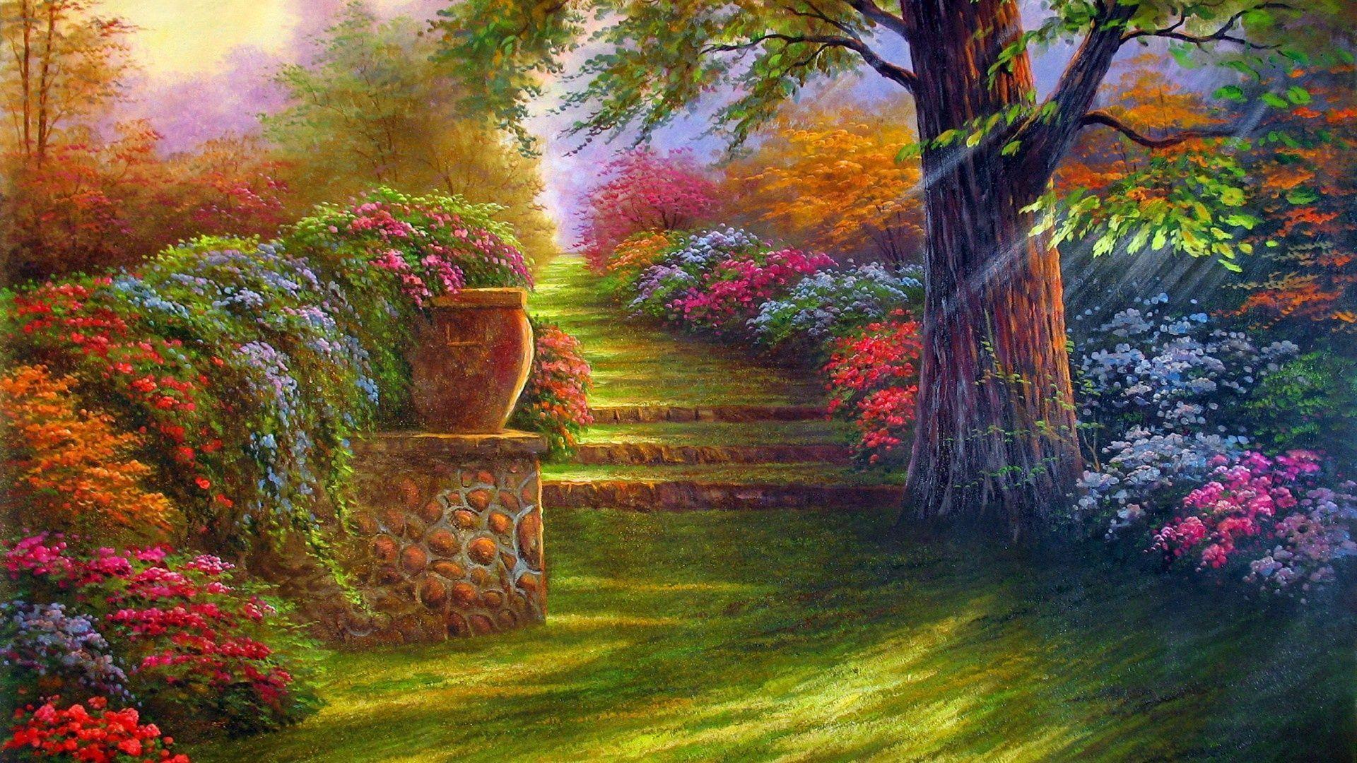 Painting Garden Flower Steps Tree HD Wallpaper