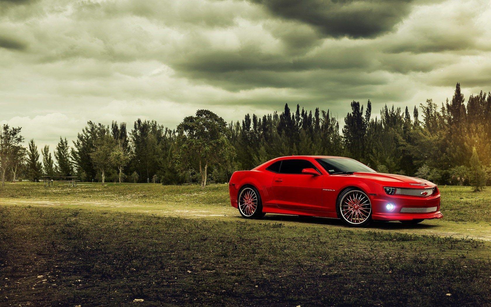 Chevrolet Camaro Red Muscle Car Forest HD Wallpaper