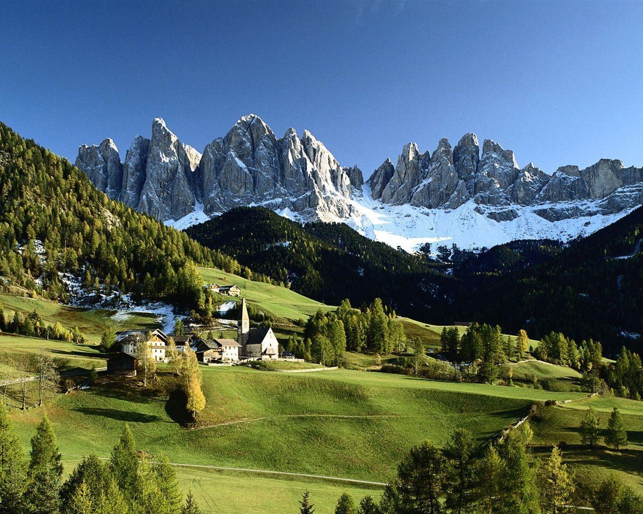 Italian Countryside Scenery, Snow Capped Mountains, Green Trees