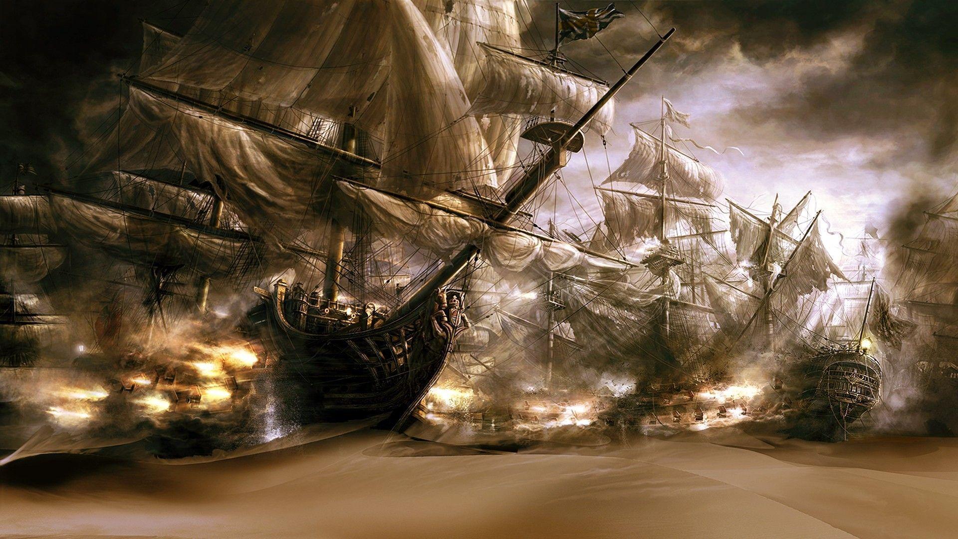Pirate ships in the desert sand Wallpaper #