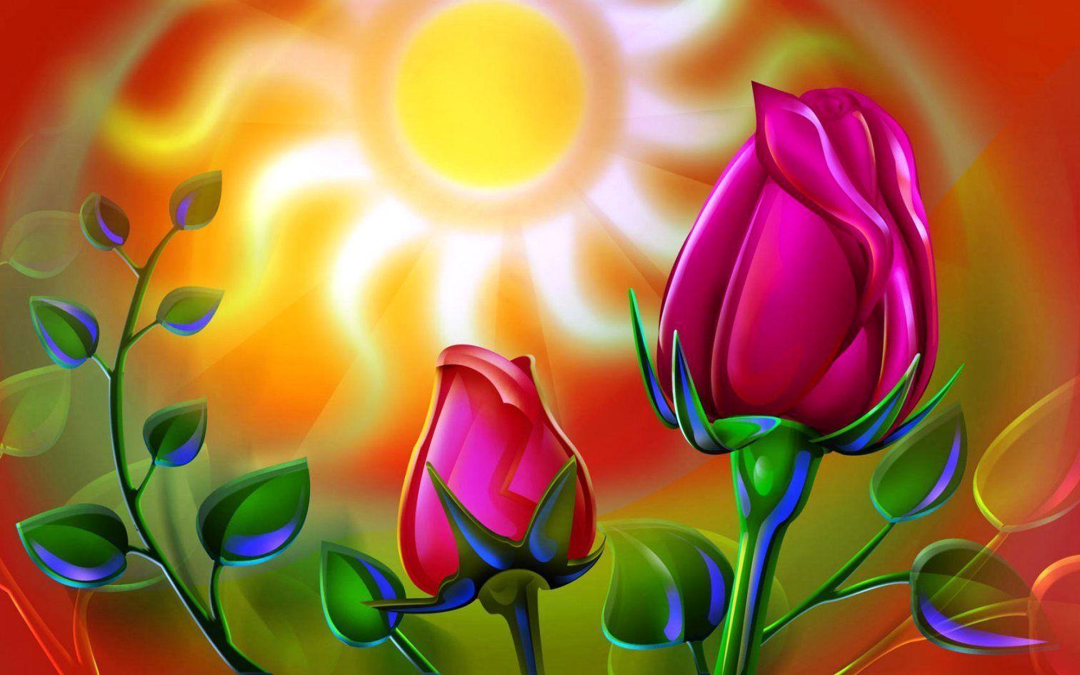 Painted Sun and Cool Flower High Quality Wallpaper
