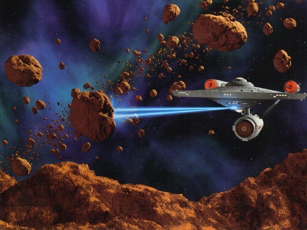 Starship "Enterprise" firing phasers in asteroid field, free