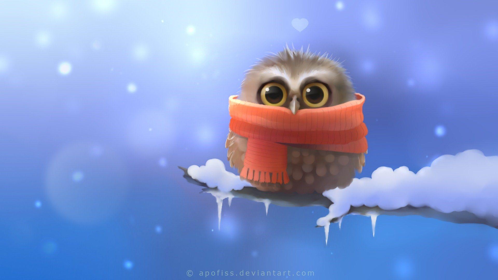 Owl Scarf Branch Snow Winter Drawing HD Wallpaper
