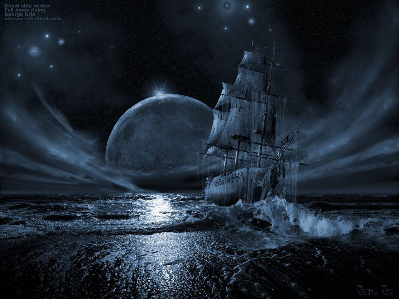 Fantasy Art, 3D Digital Art, Ghost ship series: Full moon rising