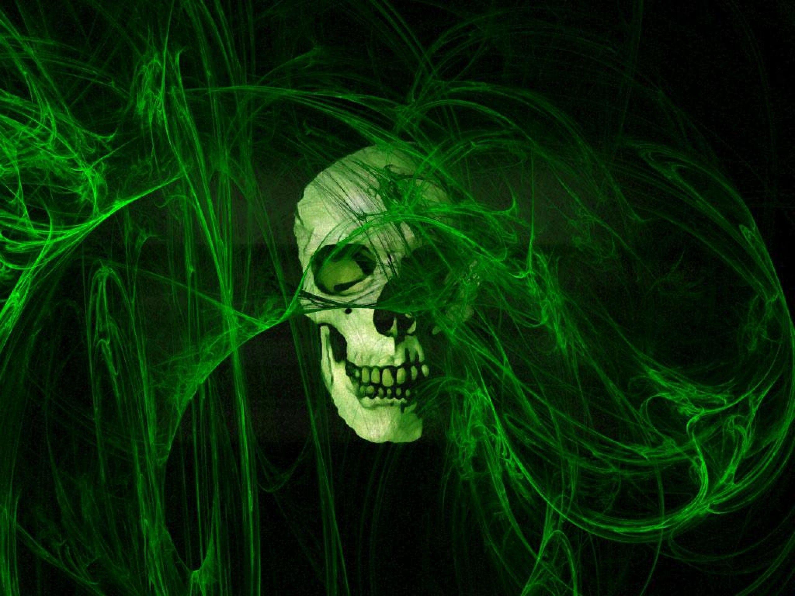 3D Green Skull On Fire Wallpaper