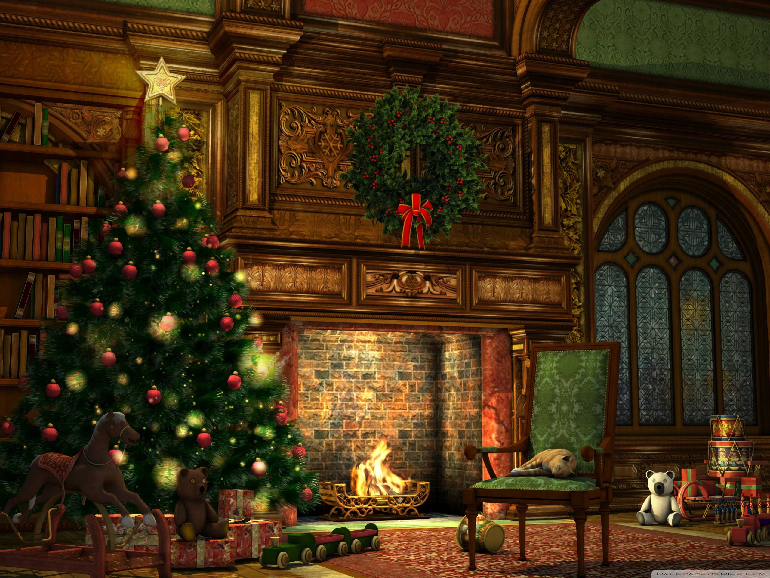 image For > Christmas Tree And Fireplace Background