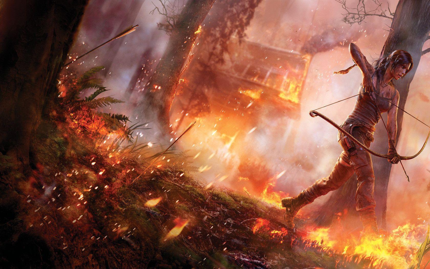 Download wallpaper Tomb Raider, girl, forest, fire free desktop
