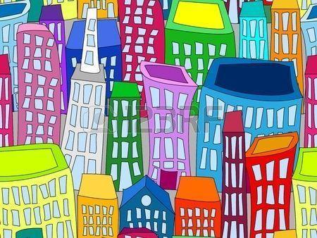 Seamless Pattern Of Colorful Crooked Cartoon Buildings On Light