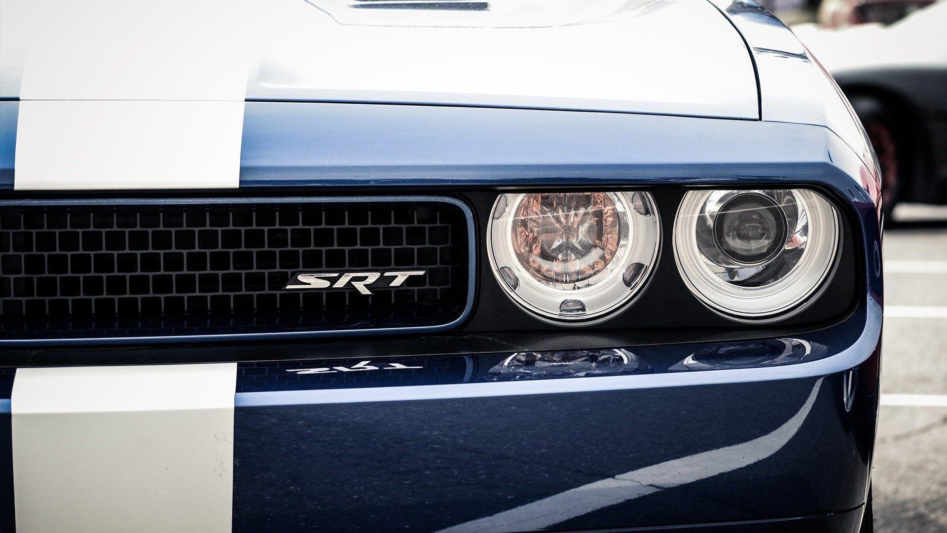 Close Up Dodge Challenger STR Blue White Stripes HD Wallpaper