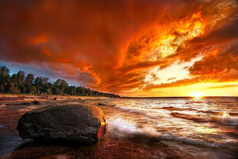 Lake Superior Blazing Sunset. Fine Art Nature Photography