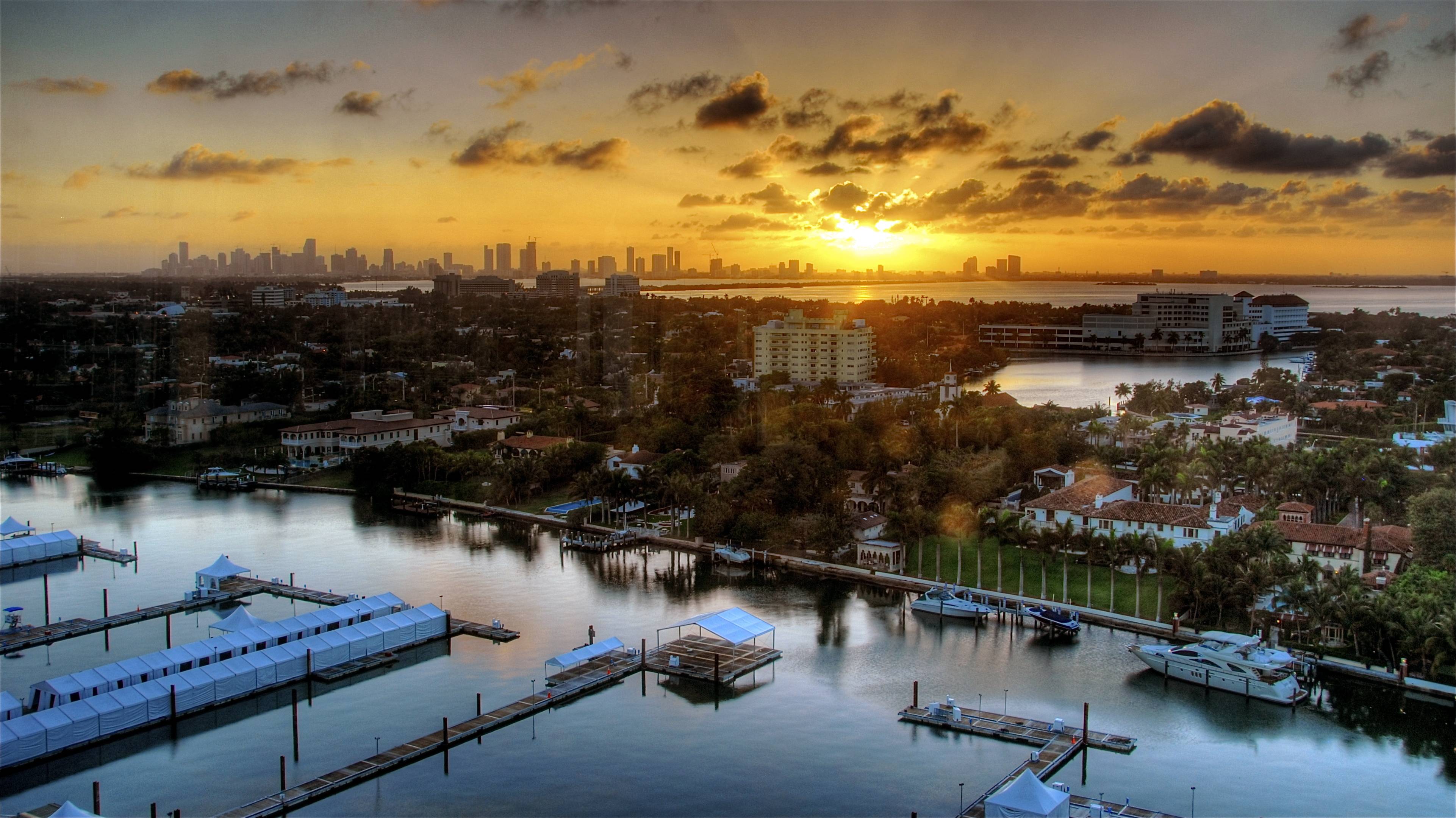 Miami City Sunset Skyline Photography Wallpape Wallpaper