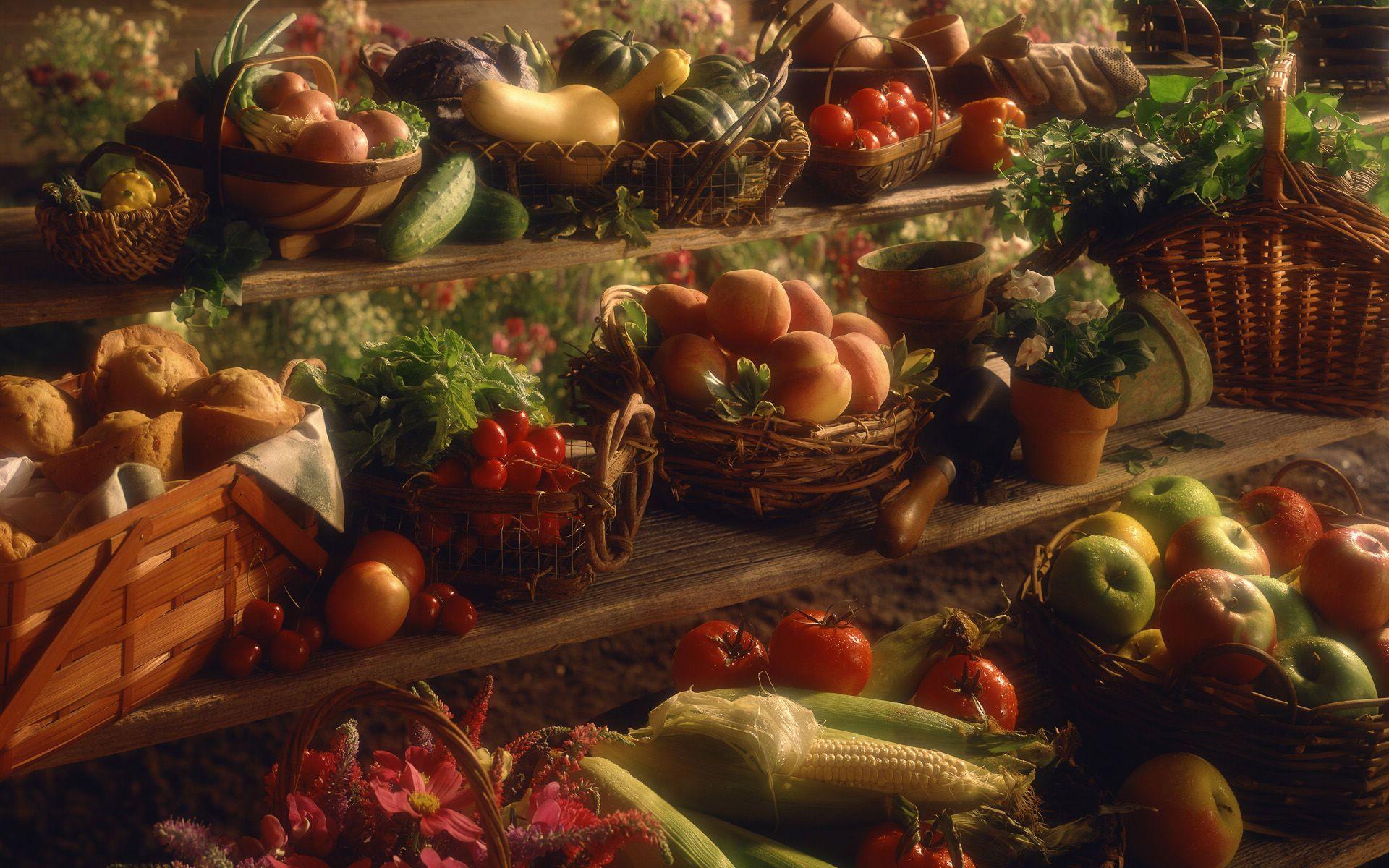 Assorted produce at rustic farmers market wallpaper