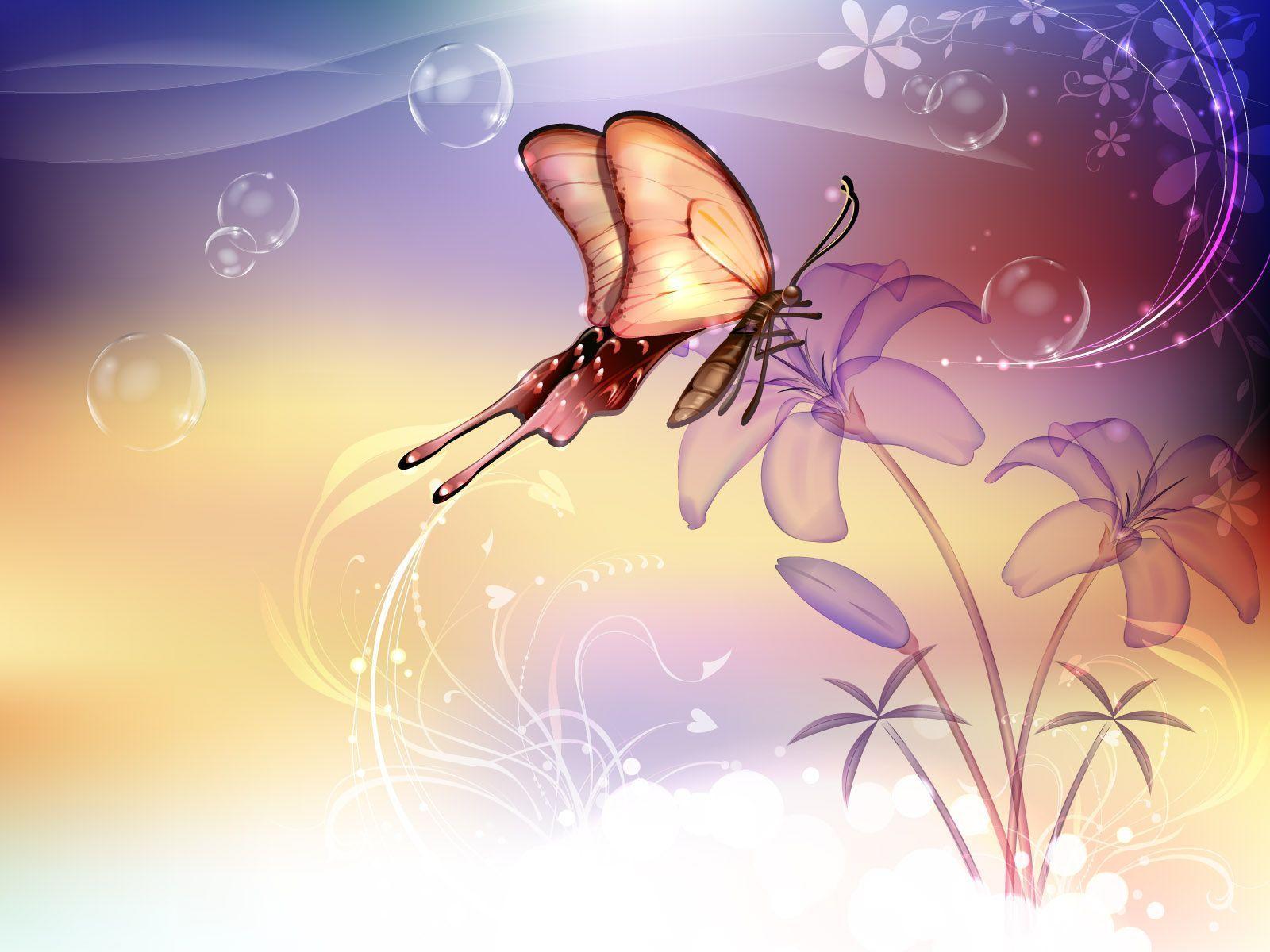 3D wallpaper with the 3D butterfly and flowers / Wallpaper
