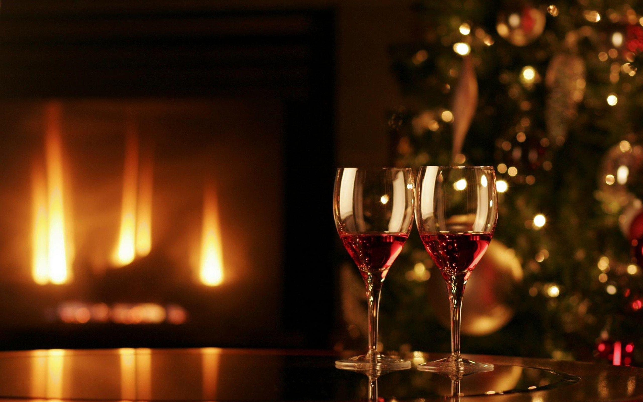 Two Wine Glasses Christmas Fireplace Merry Christmas HD Wallpaper