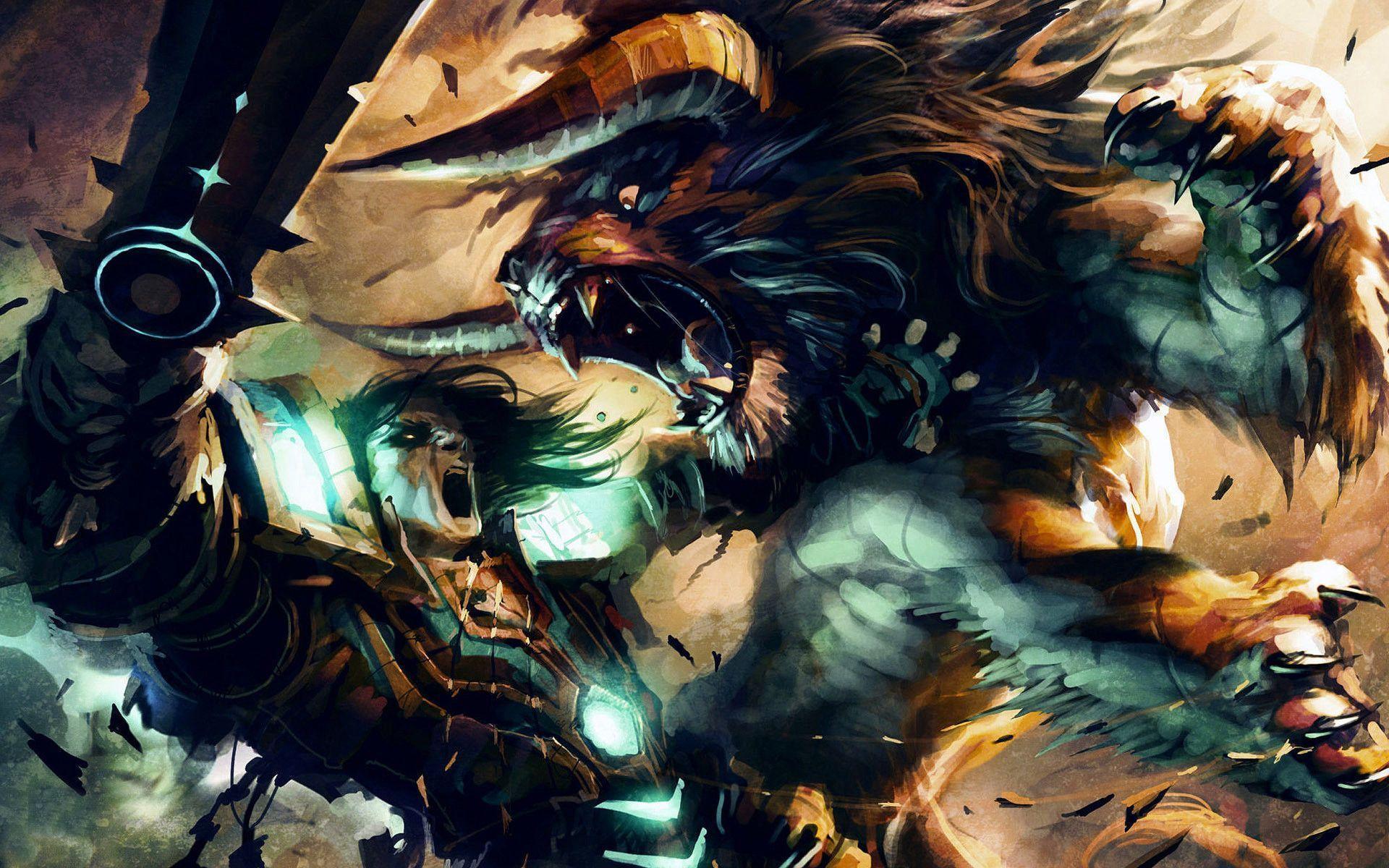 Fight with the mythical creature. Game photo. Desktop wallpaper