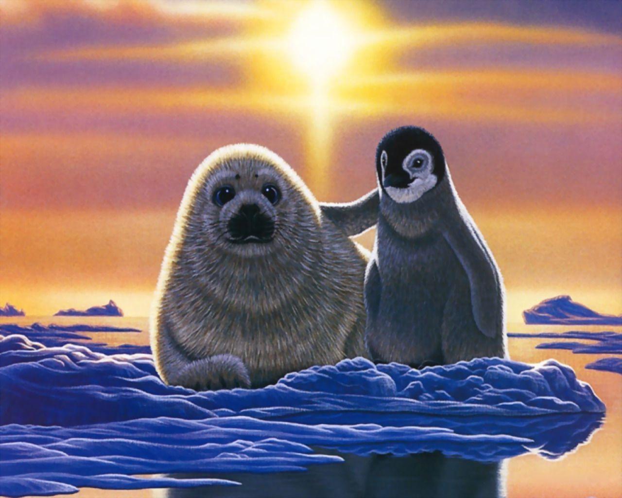 Seal and Baby Penguin Wallpaper Wallpaper 3139