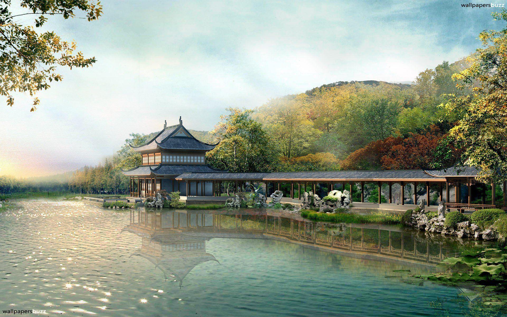 Fabulous Chinese House Near The Lake HD Widescreen Wallpaper