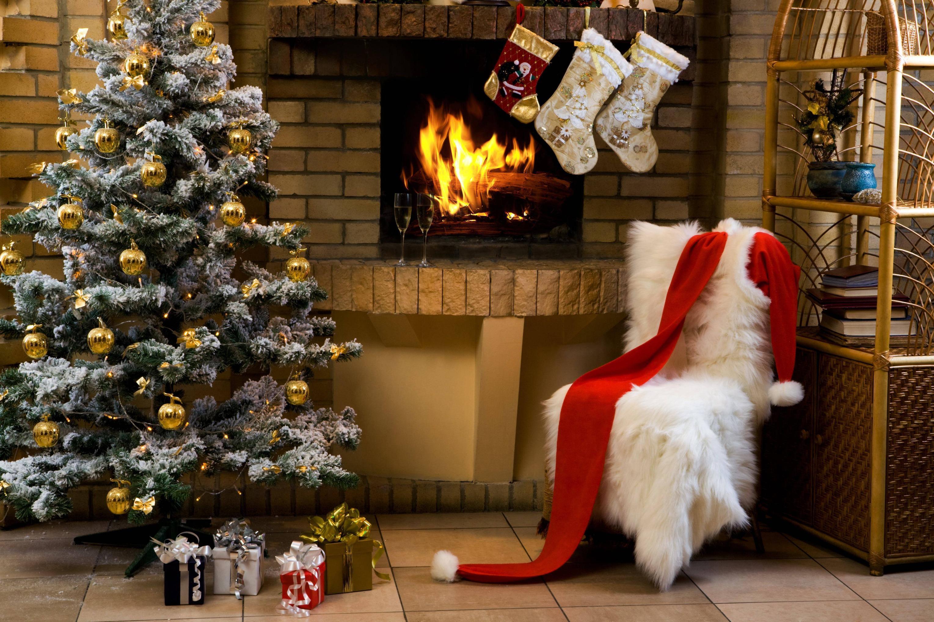 Picture Christmas holiday tree fireplace gifts champagne HD Wallp