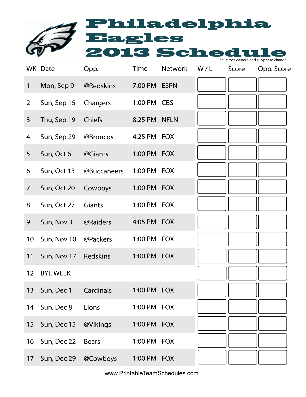 Philadelphia Eagles Printable Schedule