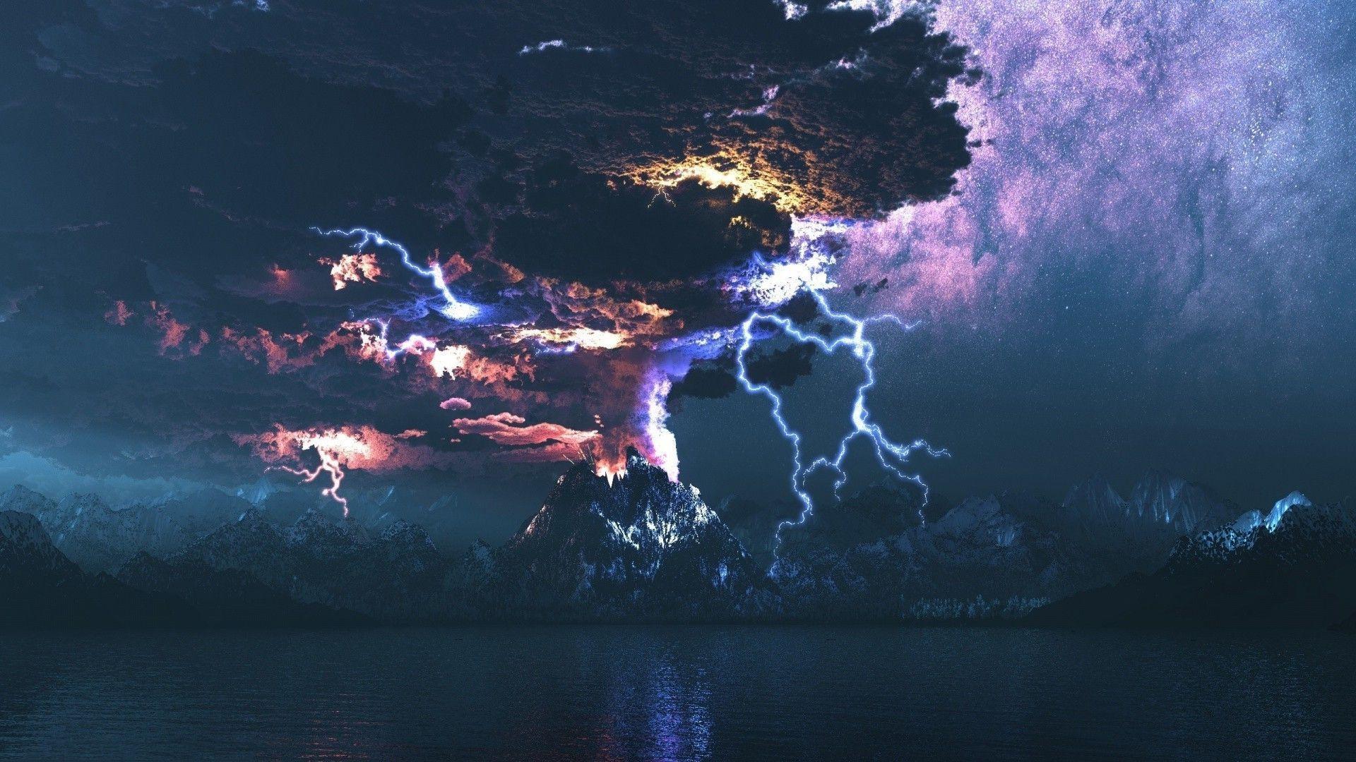 Lightning over the volcano eruption Wallpaper #