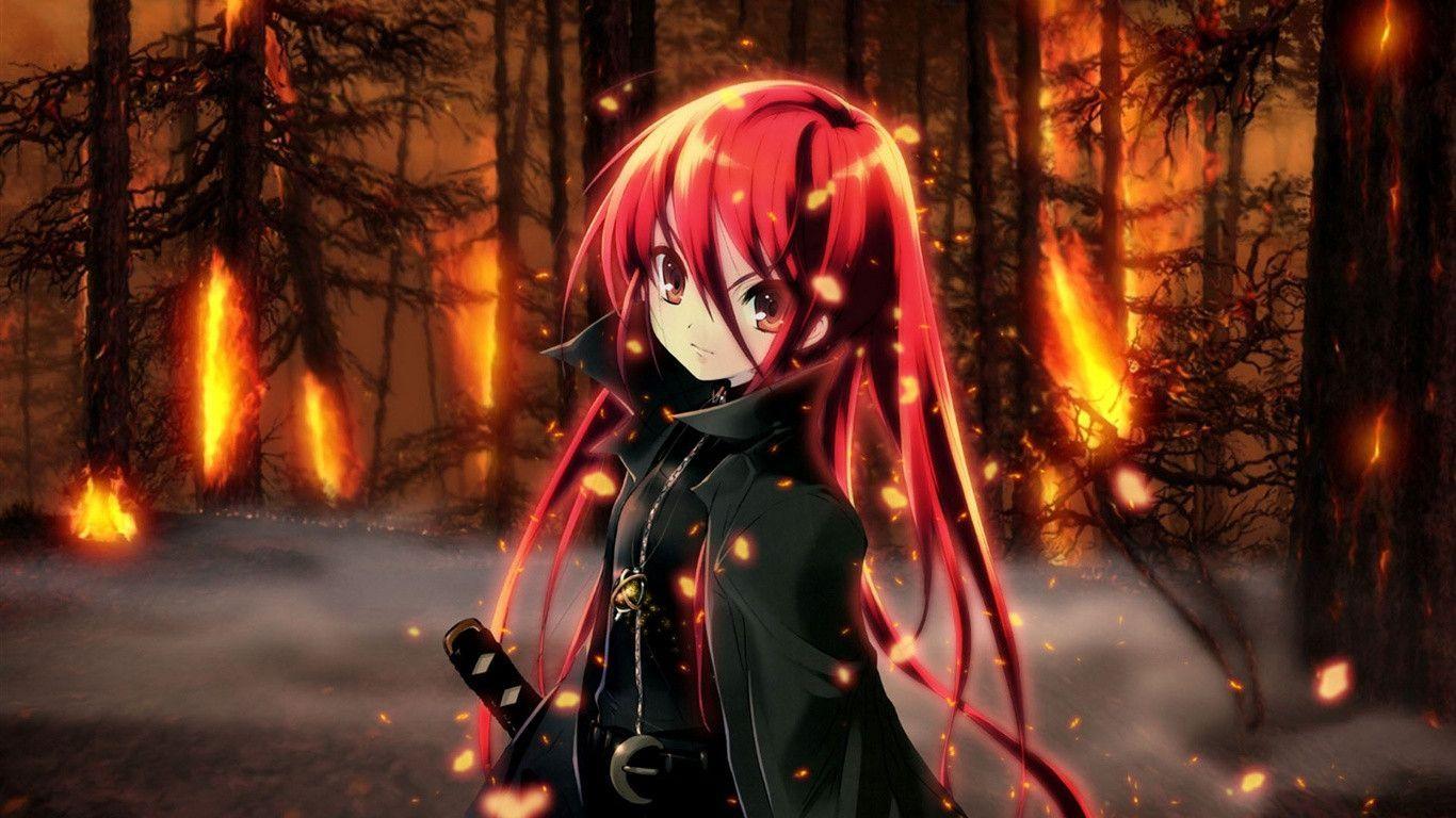 In the forest of red hair anime girl Wallpaperx768