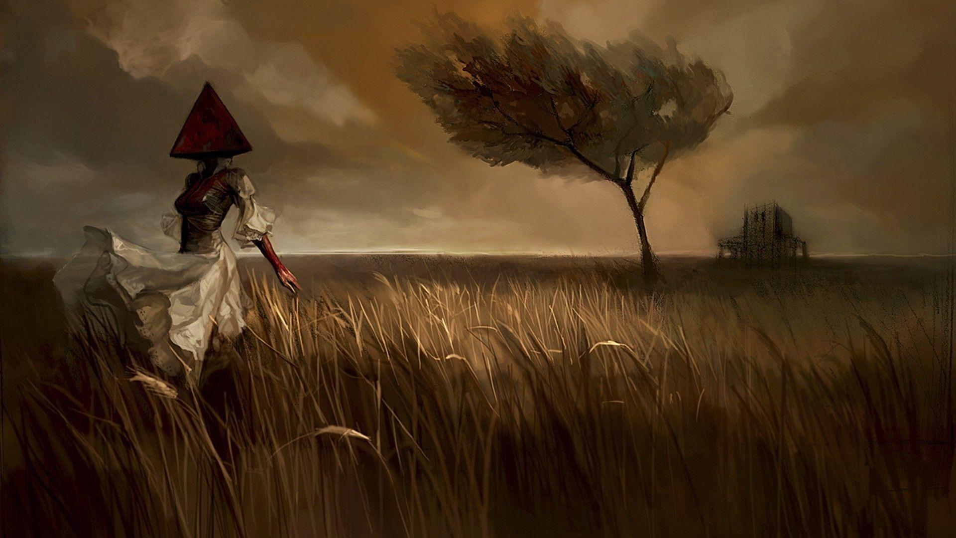 Woman on the field with a pyramid head Wallpaper #