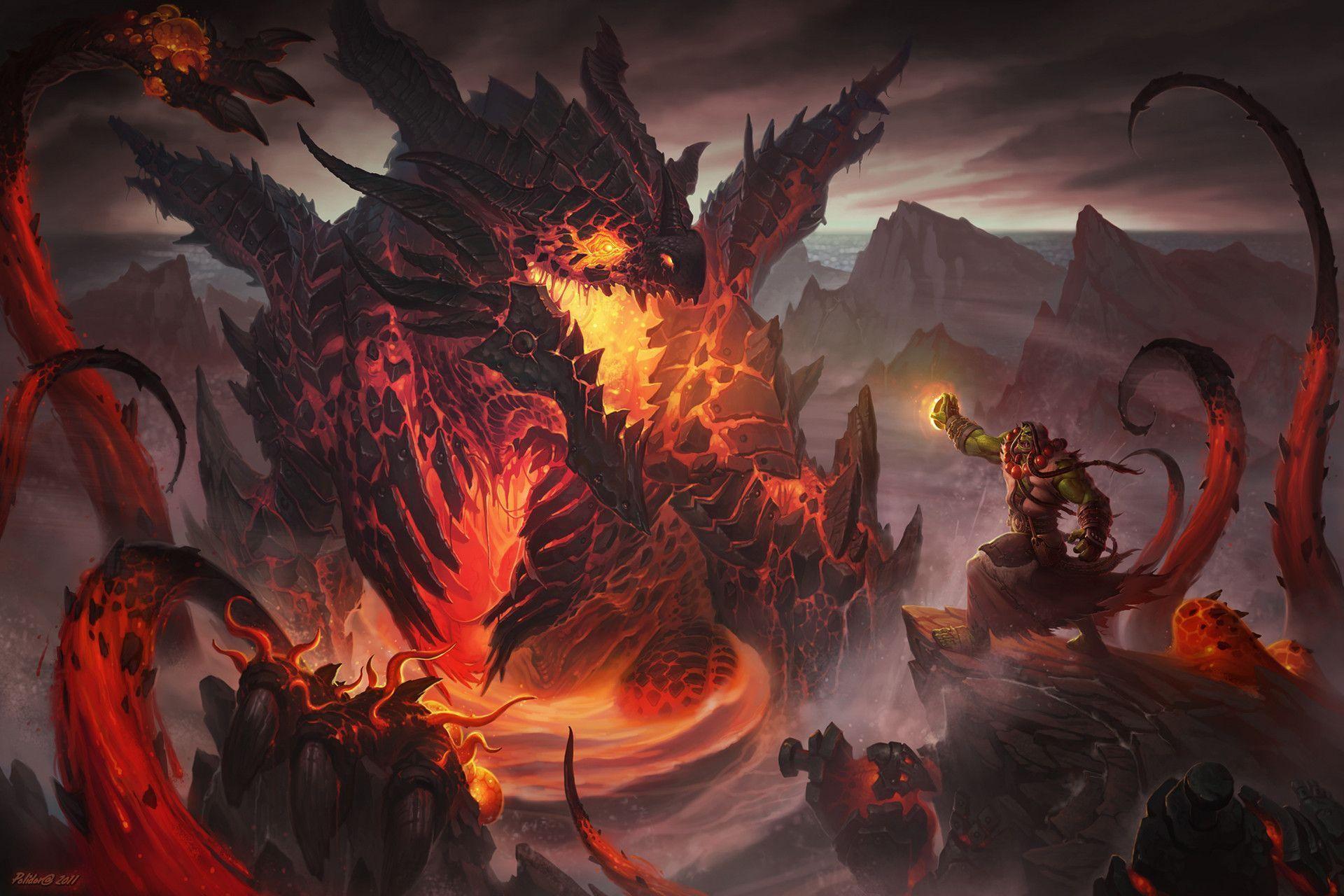 Wallpaper dragon, lava, magician, conjurer, an orc warlock