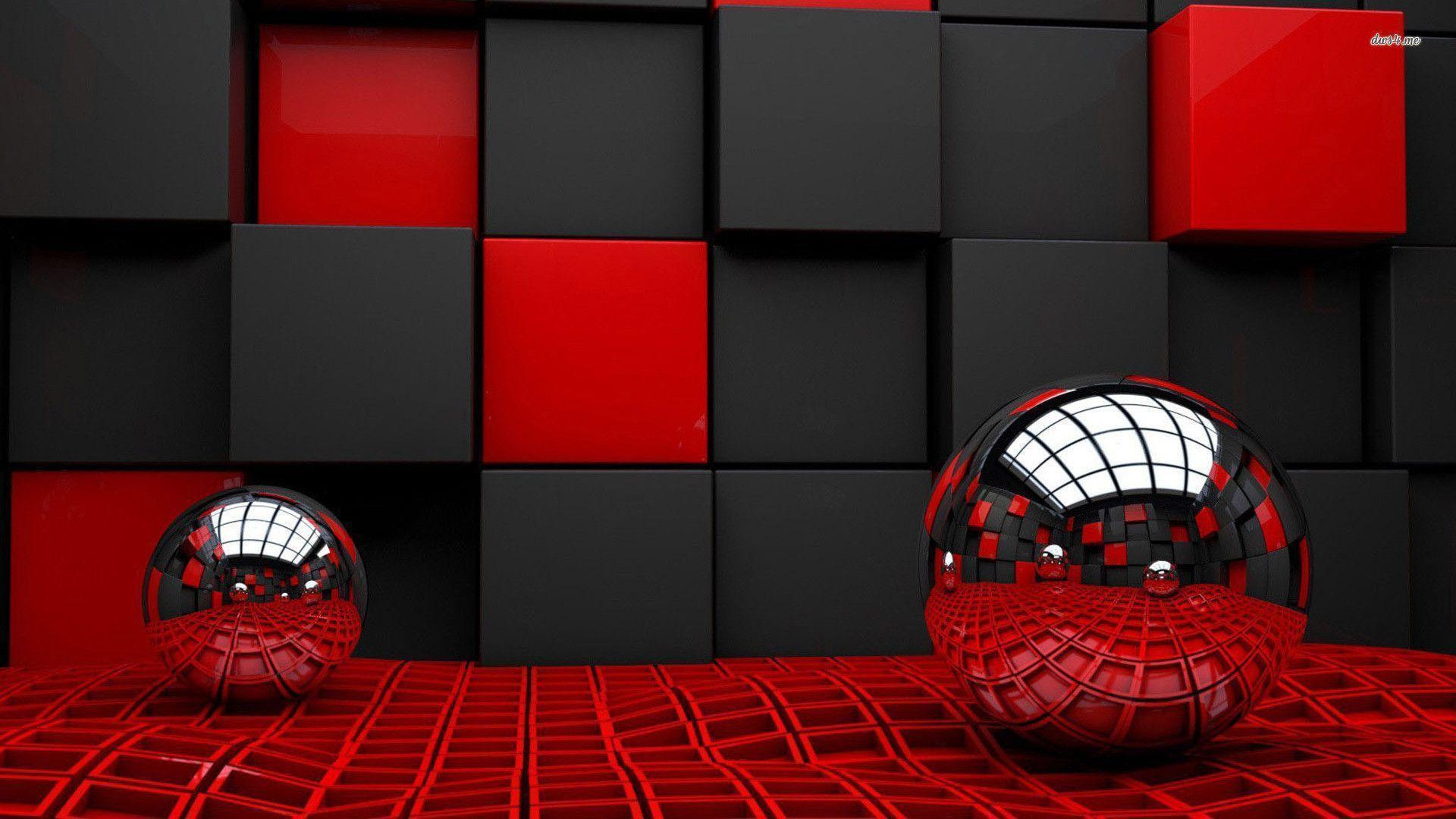 Metallic spheres reflecting the cube room wallpaper