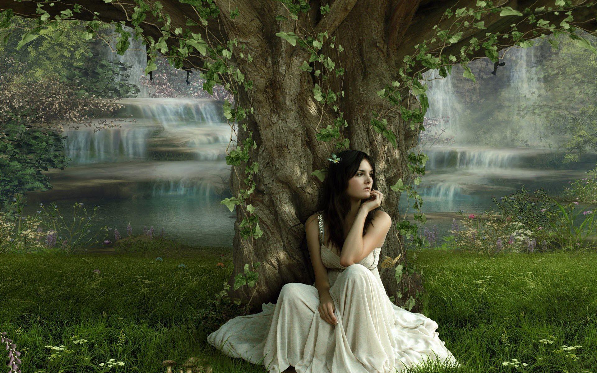 Of Girl Sitting Under The Beautiful Tree Wallpaper 1920x1200 px