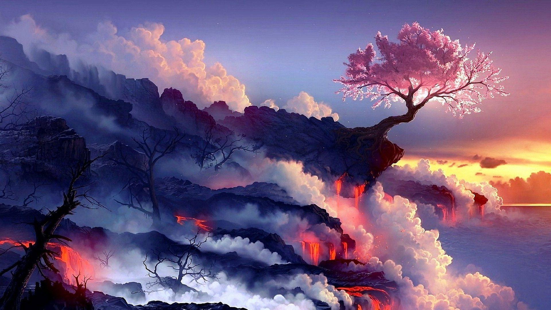 Cherry Tree Volcano Wallpaper