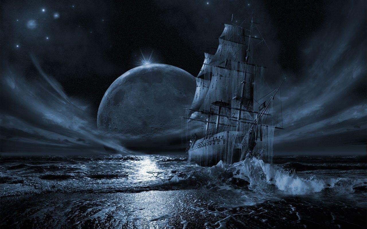 Wallpaper, Honda Image Ocean Seas Stars Pirate Ship Moon Ships