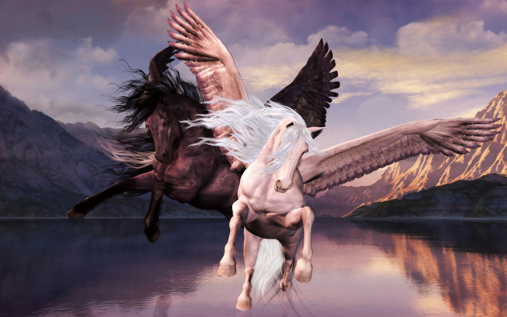 Download wallpaper Pegasus, flight, lake, Mountains free desktop