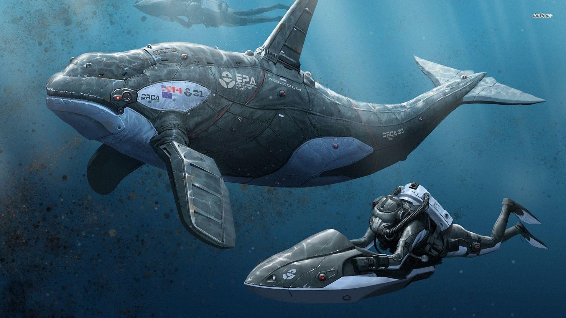 Divers and a robotic orca wallpaper wallpaper - #