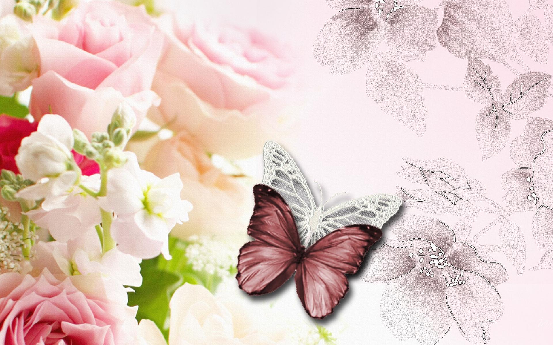 Blue butterfly and roses wallpaper