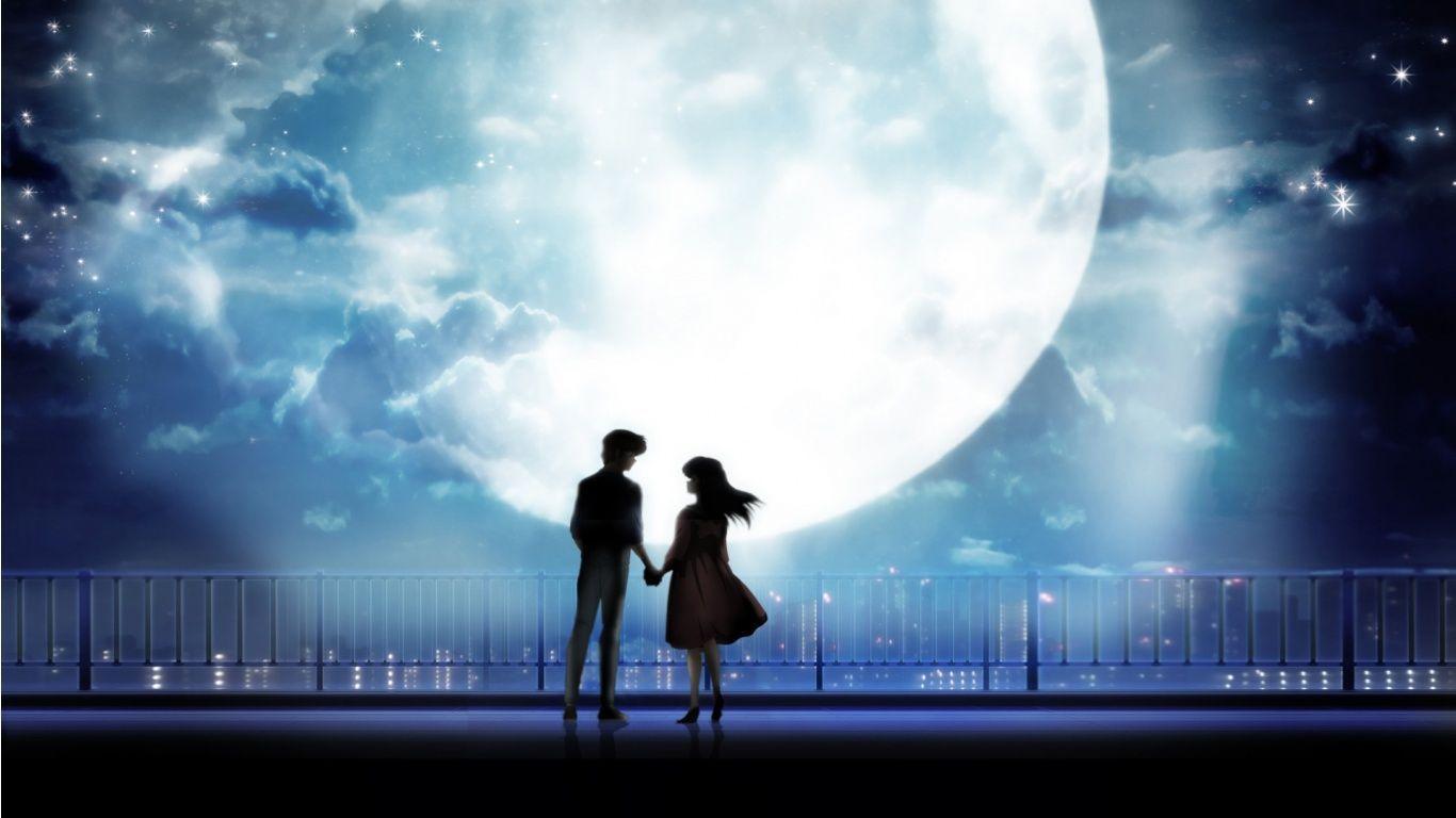 Anime couple in moonlight desktop wallpaper and