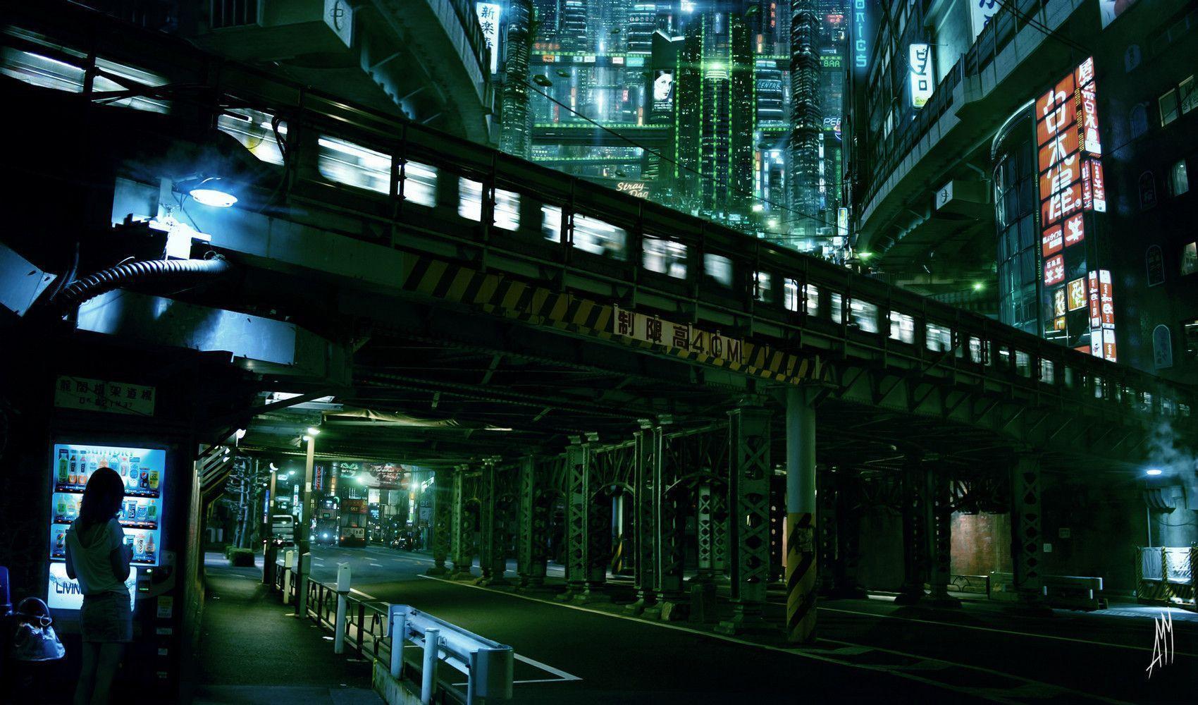 Wallpaper Cyberpunk, city, lights, future, Skyscrapers, train