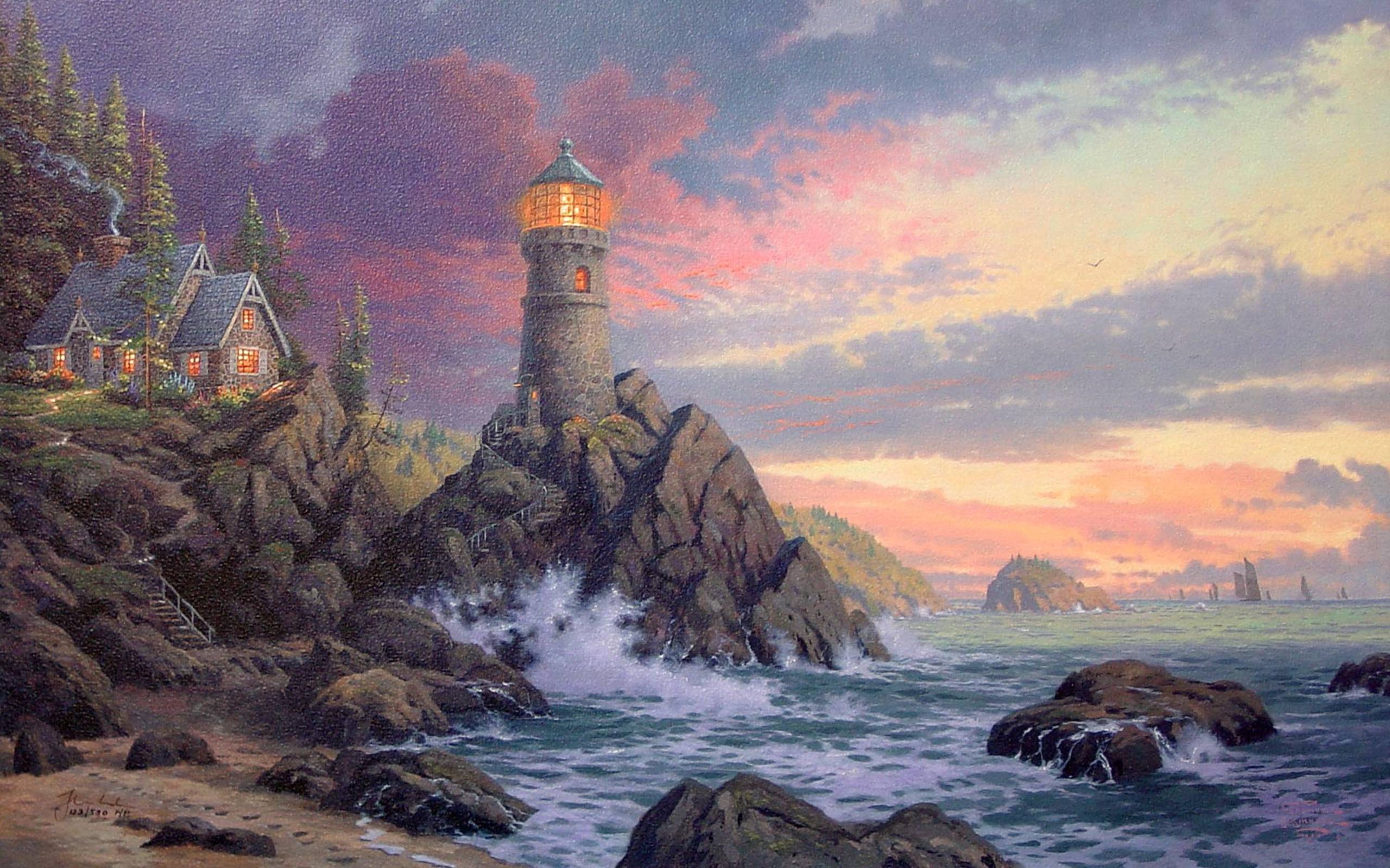Download wallpaper Thomas Kinkade, painting, lighthouse, rock free
