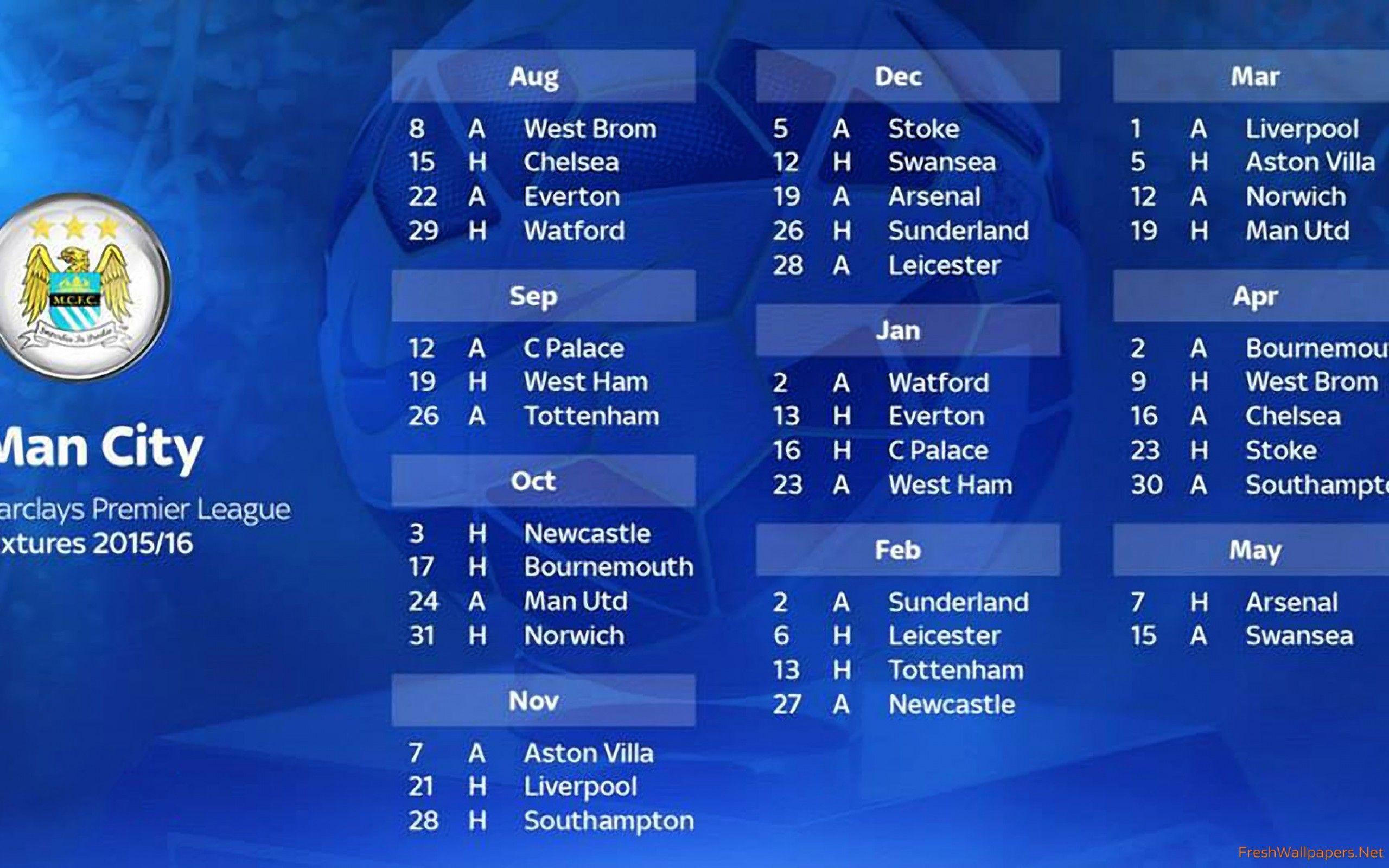 Manchester City FC Barclays Premier League 2015 2016 Fixtures