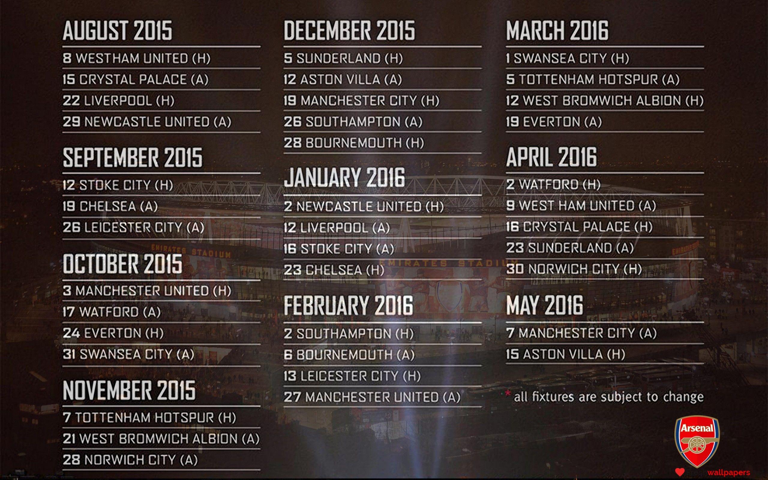 Arsenal FC Barclays Premier League 2015 2016 Fixtures Wallpaper