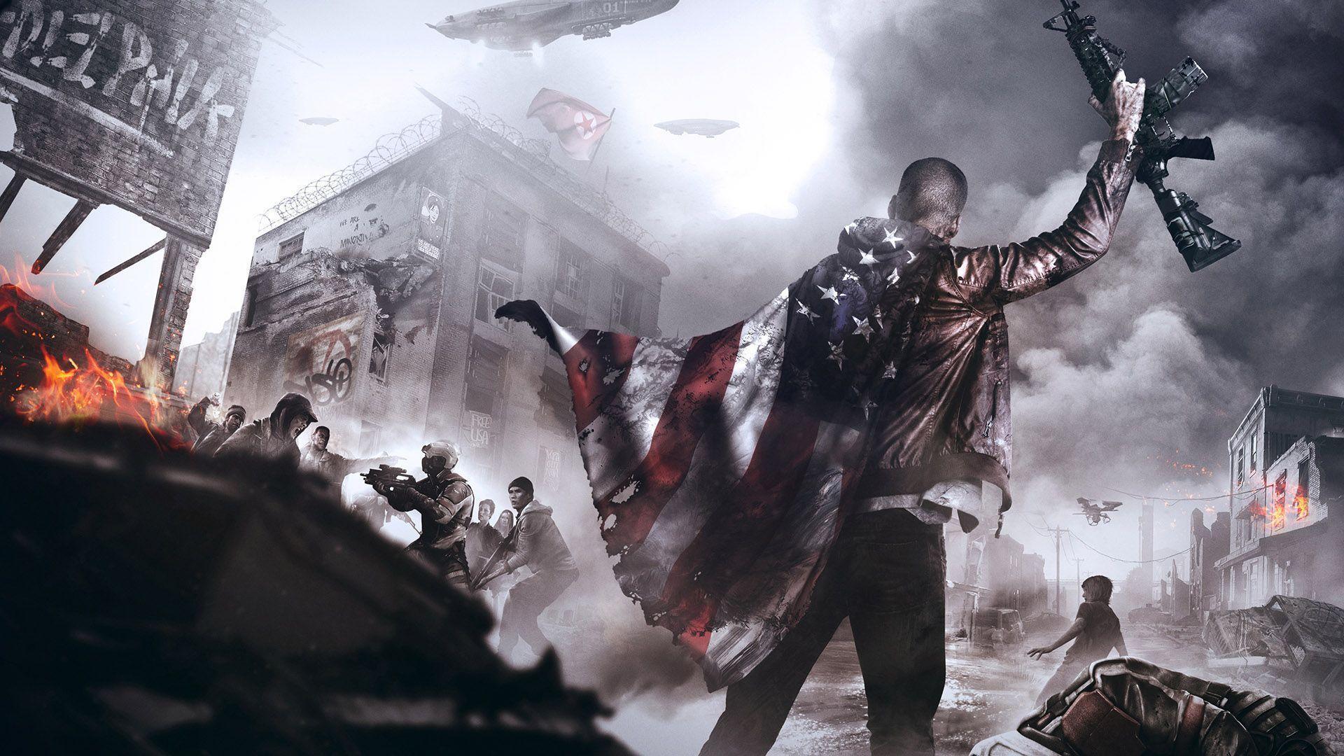 HD Background Homefront The Revolution 2016 Game US Flag Gun