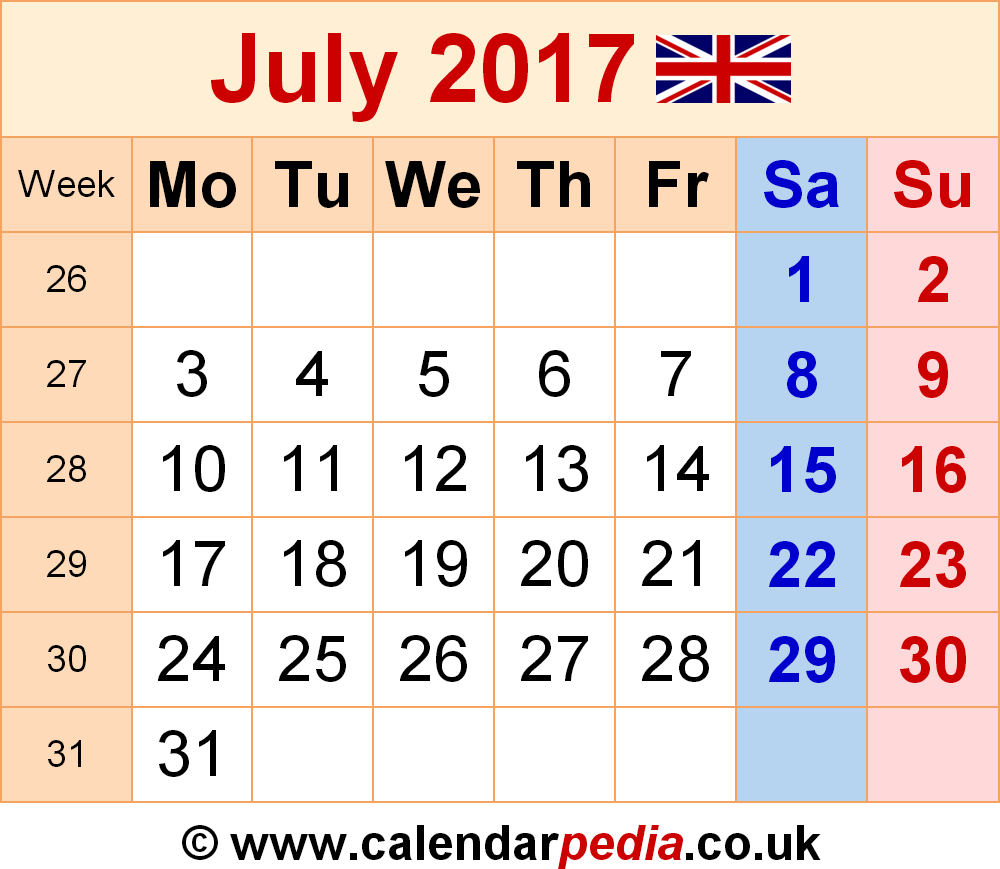 Calendar July 2017 UK, Bank Holidays, Excel PDF Word