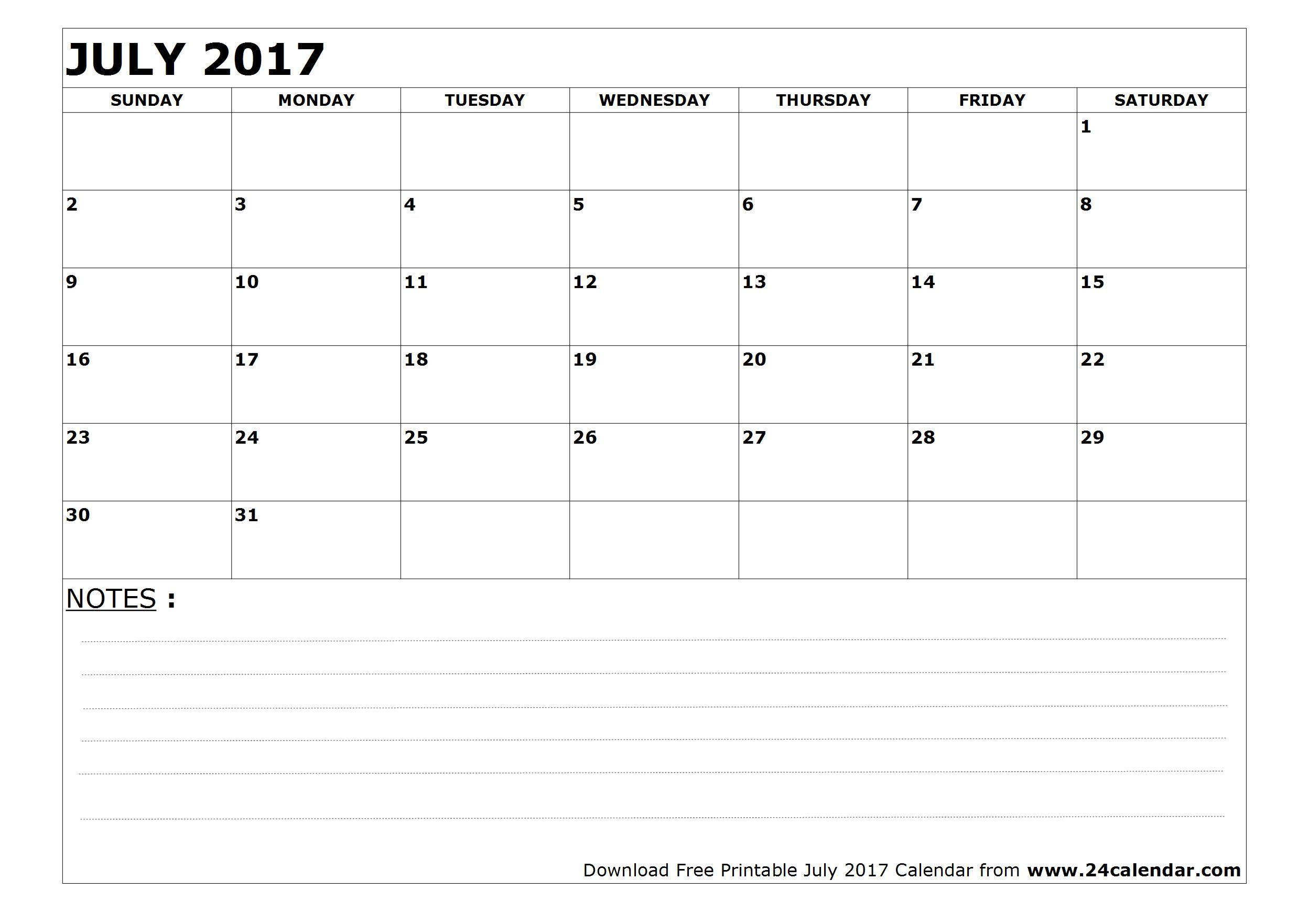 Blank July 2017 Calendar in Printable format
