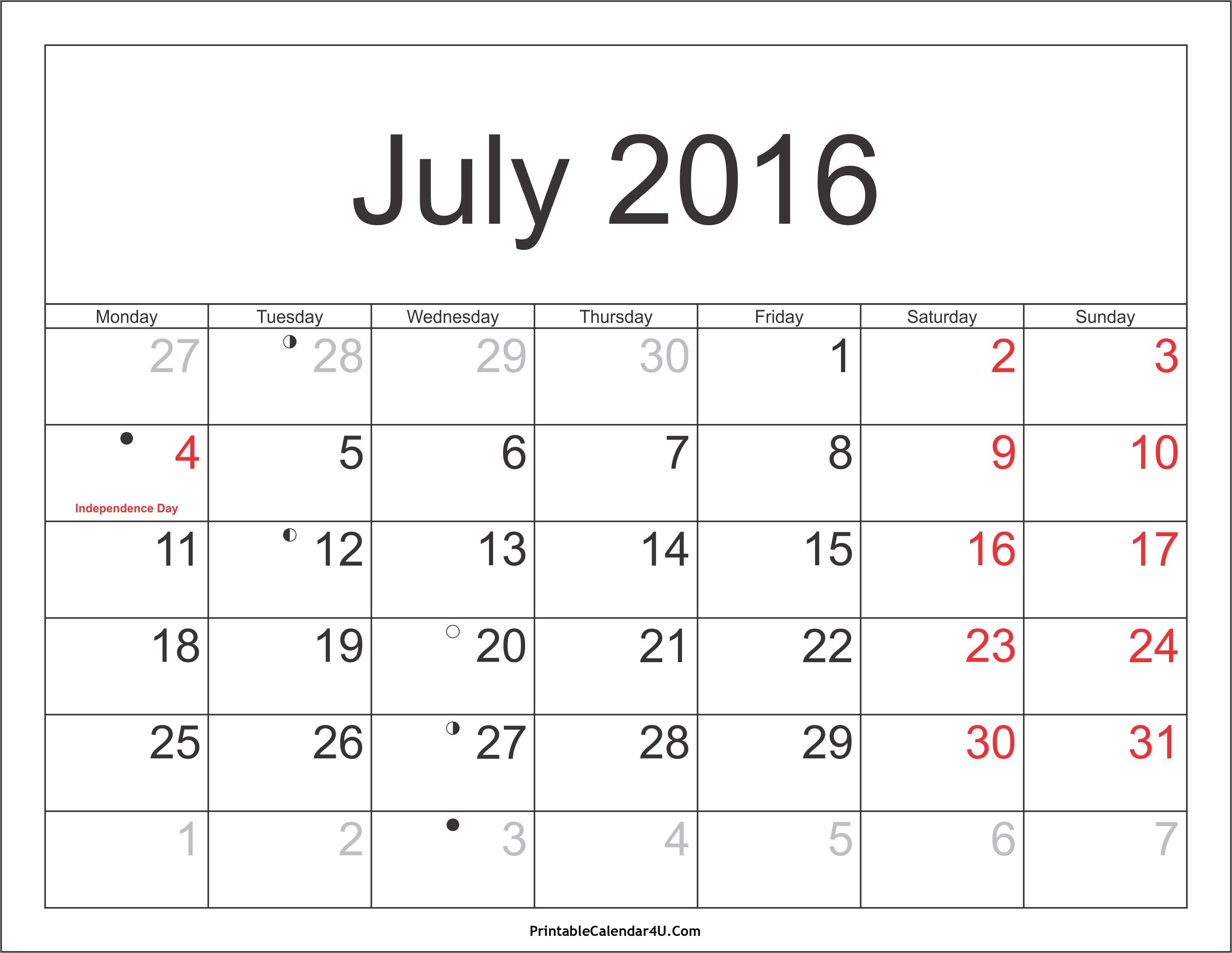 July Calendar 2016 Image